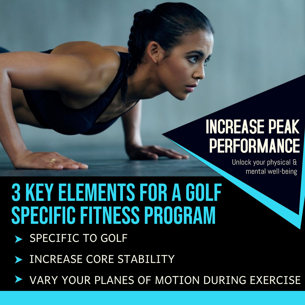 3 Key Elements to Consider When Creating a Golf Specific Fitness Program include staying specific to golf, increasing your core stability and varying your planes of motion during exercise to increase peak performance and unlock your physical and mental well-being