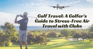 A golfer golfing, on a golf course, with a plane in the sky to promote the blog title. Golf Travel: A Golfer's Guide To Stress-Free Travel With Clubs