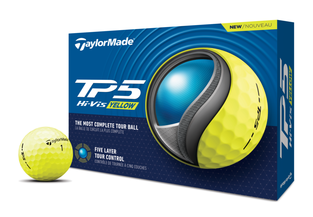 TaylorMade TP5 yellow golf ball, and the front of the TP5 box.