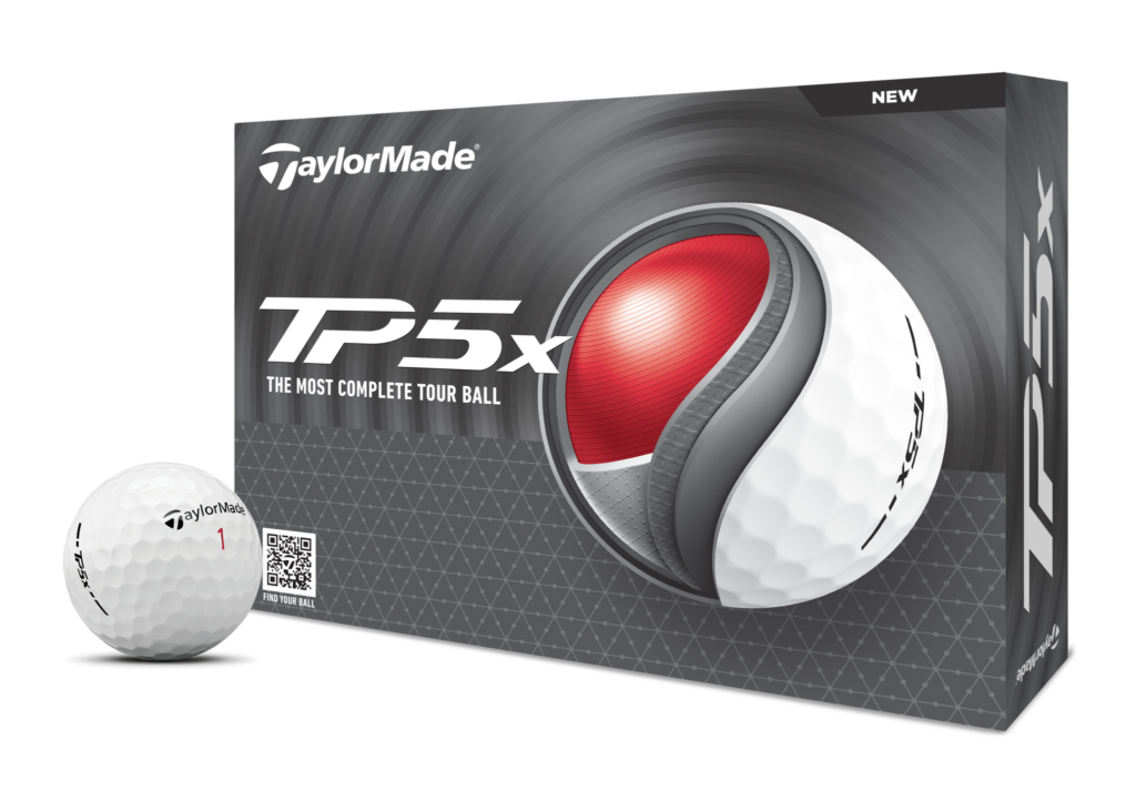 TaylorMade TP5x white golf ball, and the front of the TP5x box.