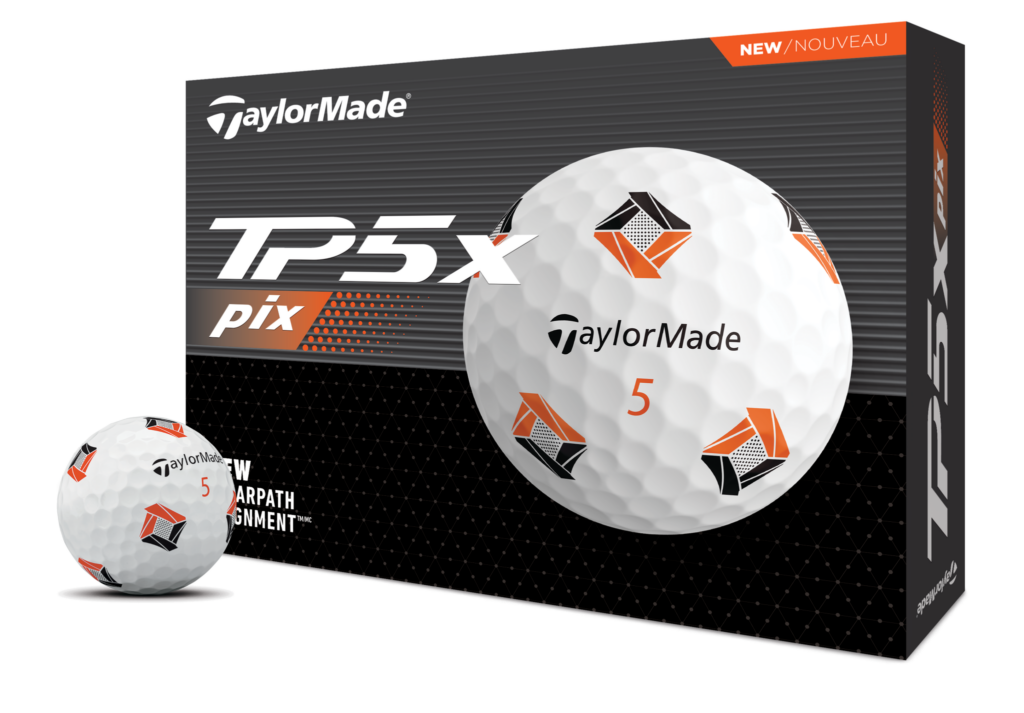 TaylorMade TP5x Pix yellow golf ball, and the front of the TP5x Pix box.