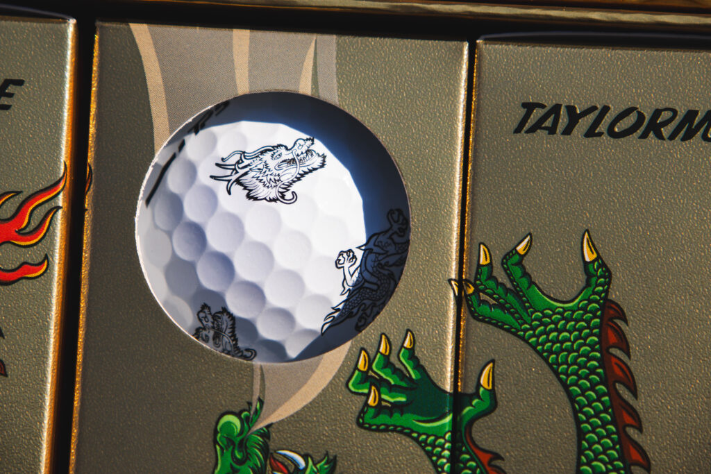 Closeup of TP5 PIX Dragon Golfball in a sleeve