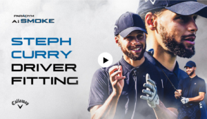 Steph Curry holding Callaway Ai Smoke Driver Over Grey Smoke background