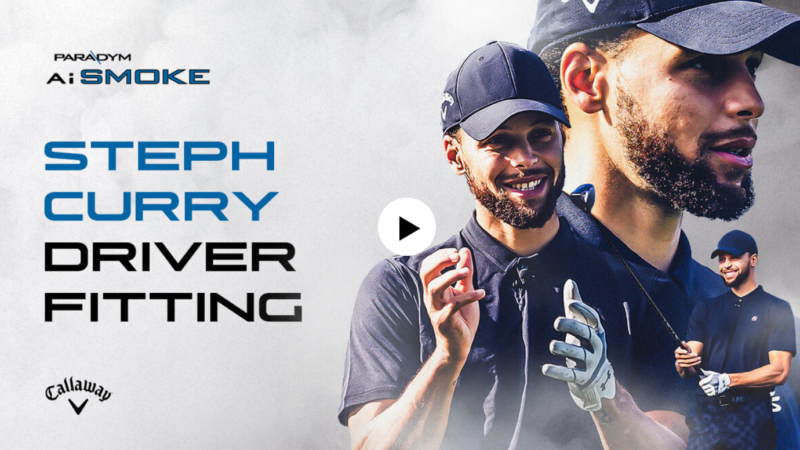 Steph Curry holding Callaway Ai Smoke Driver Over Grey Smoke background