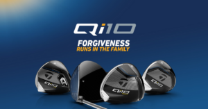 Four TaylorMade Qi10 Driver Heads on Blue Background