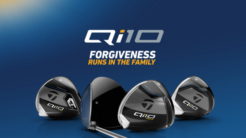 Four TaylorMade Qi10 Driver Heads on Blue Background