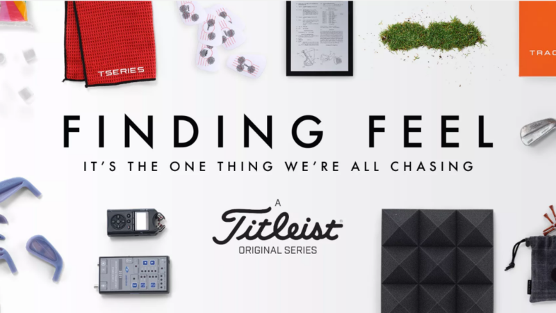 Finding Your Feel from Titleist. White background with iron heads, golf grass, golf towel, and tees