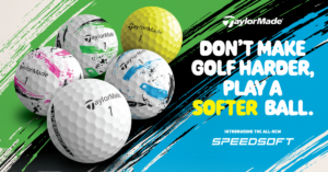 5 Golf Balls on Green, White, Black and Blue Striped Background