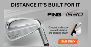 Face of PING iron on grey striped background