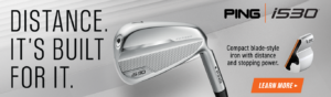 Face of PING iron on grey striped background