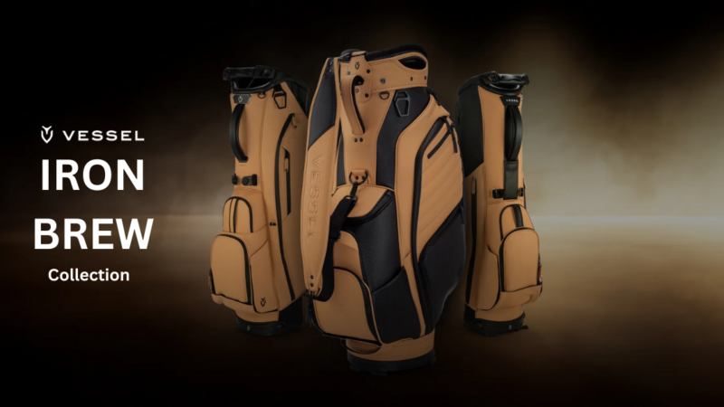 Front, Back and sideview of Vessle Iron Brew Lux Cart Bag on brown background