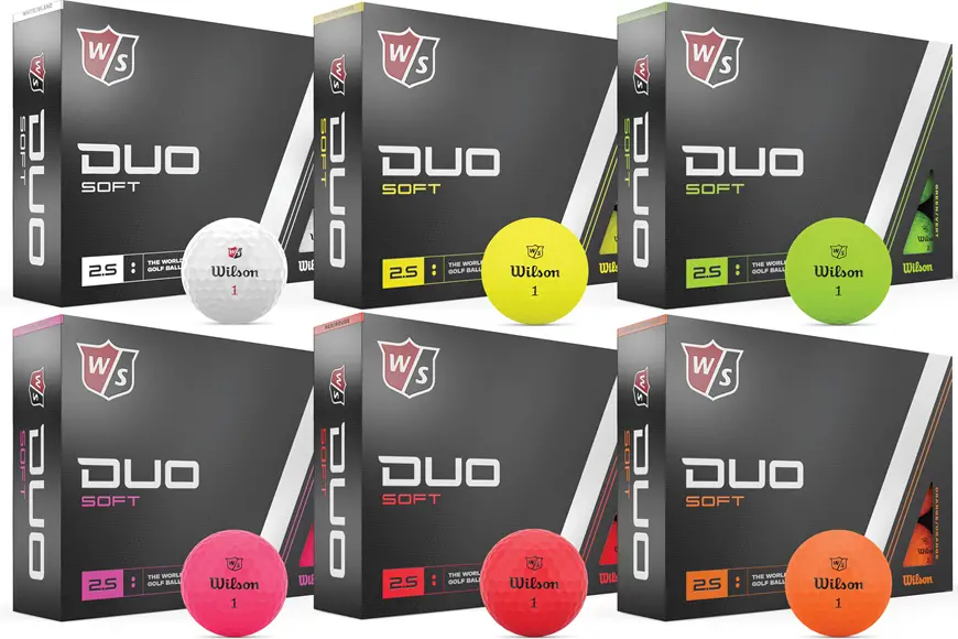 a photo of 6 different colors offered in the Wilson Duo Soft Golf Balls