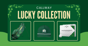 Green Golf Bag, Hat and Golf Balls on Green Background with Shamrocks