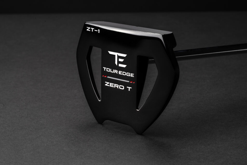 Close-up product image of the Tour Edge Zero T ZT-1 putter featuring a black high-MOI mallet design with zero torque technology against a dark studio background.