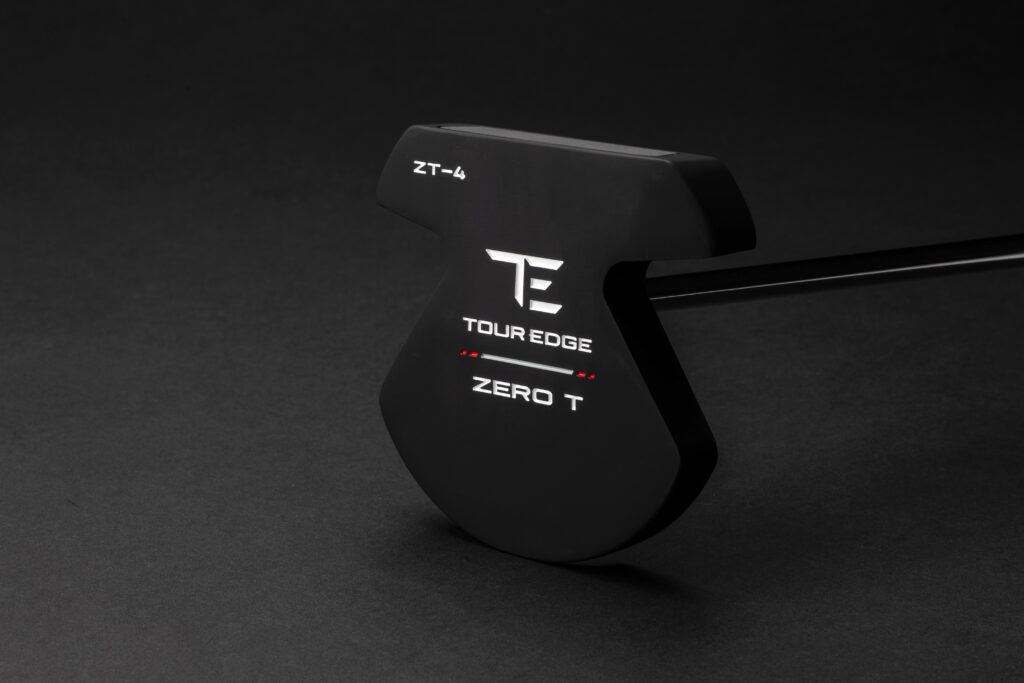 Close-up product image of the Tour Edge Zero T ZT-4 putter featuring an oversized high-MOI mallet design with zero torque technology against a dark studio background.