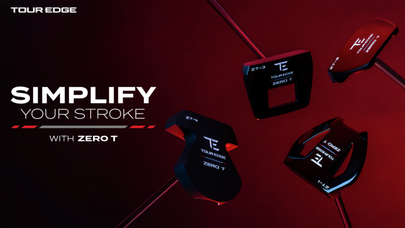 Promotional graphic for the Tour Edge Zero T putter lineup featuring multiple putter models with the tagline “Simplify Your Stroke With Zero T” against a red studio background.