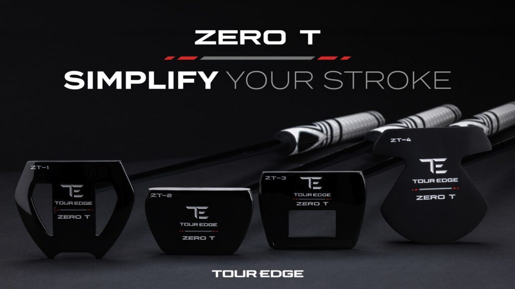 Promotional image for the Tour Edge Zero T putter lineup featuring the ZT-1, ZT-2, ZT-3, and ZT-4 putters with the tagline “Simplify Your Stroke” against a dark studio background.